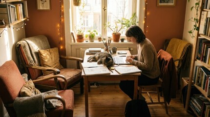 Fototapeta premium Cozy Home Office With Cat Northlight Window And Creative Workspace