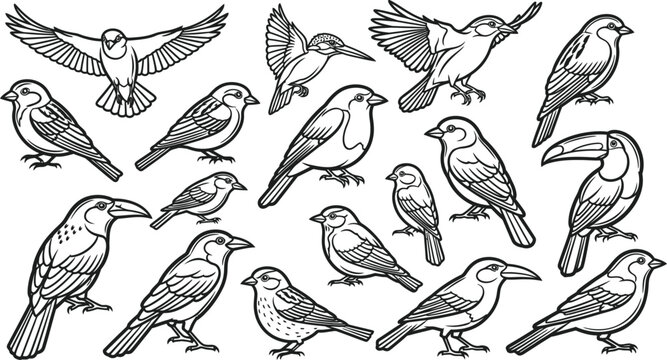 Collection of black and white line of various birds in different poses line black and white flying