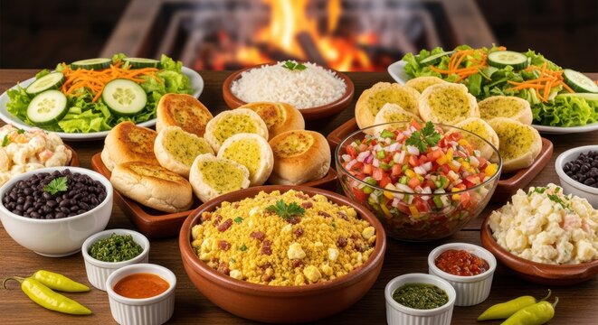 A table full of churrasco side dishes like farofa, vinagrete, and p&atilde;o de alho, a top-down shot with vibrant colors and textures, the main grill softly blurred in the background.