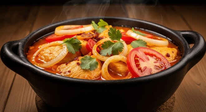 A vibrant moqueca capixaba (fish stew) in a traditional clay pot, with tomatoes, onions, cilantro, and urucum oil, backlit to make the colors pop.