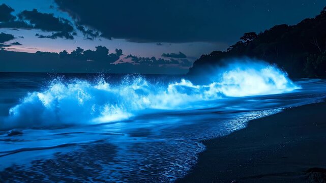 Nighttime Ocean Waves Crashing Against Rocky Shore Under Dark Sky.