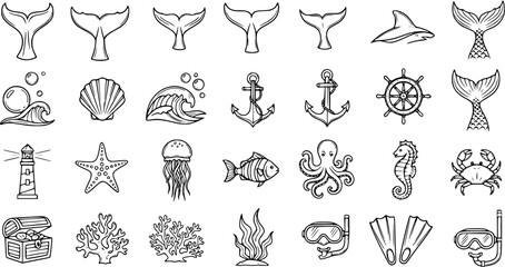 Nautical Icons: Black and White Line Art Collection of Marine Life and Objects © pixsource