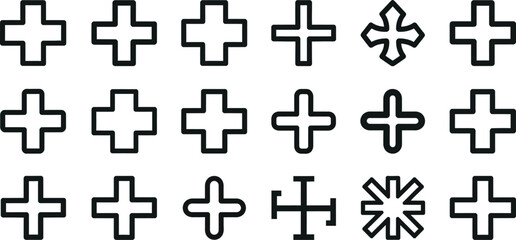 Obraz premium Collection of black outlined cross shapes and symbols on white background, plus sign
