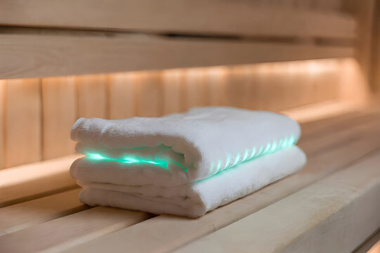 Smart Sauna Towel with Glowing Heating Element on Wooden Bench