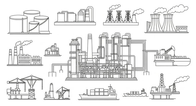 Industrial Factory Buildings Collection Line Art Style.