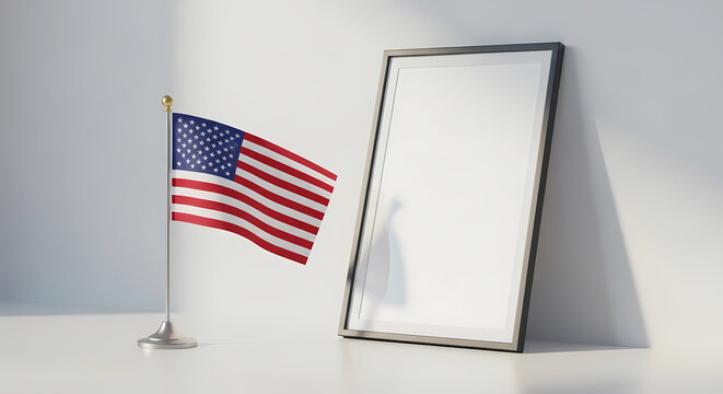 Small American flag beside a blank white frame. National Flag Week