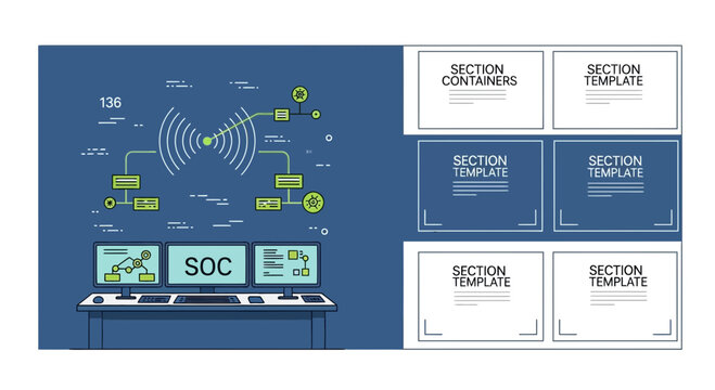 Network diagram infographic with wireless communication and data processing