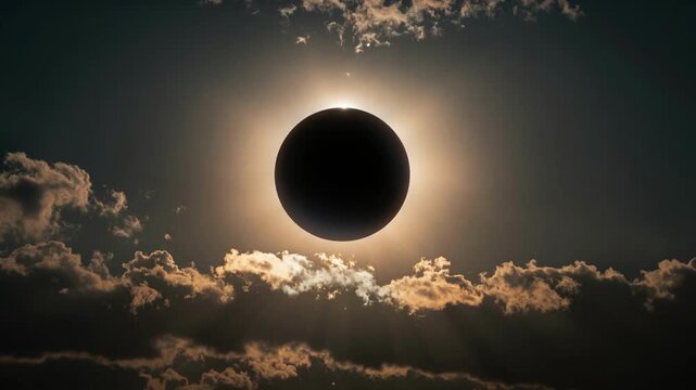 Dramatic Solar Eclipse Totality over Dark Cloudy Sky Cinematic Nature Background for Dramatic Effect