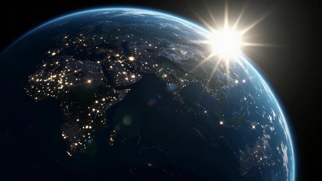 Earth From Space at Night Showing City Lights Illuminating Continents Cinematic View of Global Connectivity