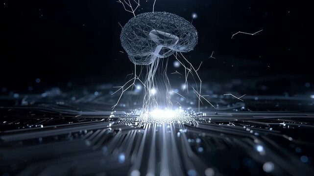 Futuristic concept of artificial intelligence with glowing digital brain connected to neural networks and circuit board, representing machine learning, data processing, and advanced technological inno