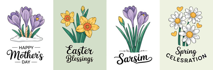 Spring floral greeting cards with hand drawn crocus narcissus and daisy flowers for mothers day and easter celebrations vector illustration. © MstSahida