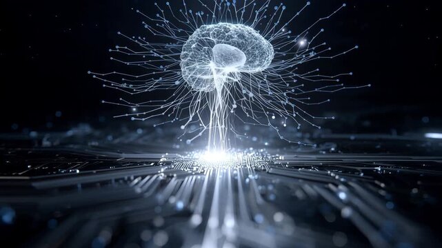 Futuristic artificial intelligence concept featuring a glowing digital human brain connected to neural networks and circuit boards, representing deep machine learning, data processing, and advanced te