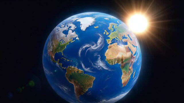 Planet Earth rotating in deep space with bright sun glowing in background