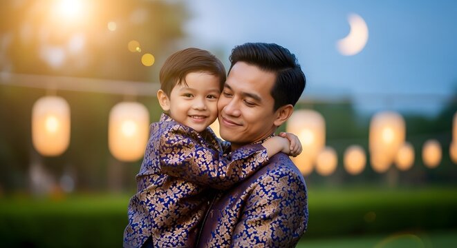 A loving Asian father holds his young son in his arms while both wear matching traditional outfits.