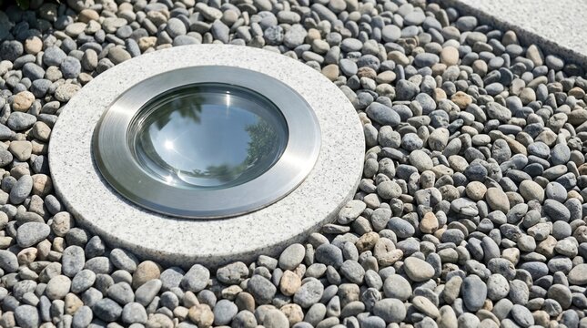Garden light, ground light, outdoor lighting, landscape lighting, pebbles, granite, modern architecture featuring a circular recessed spotlight for garden pathway illumination.