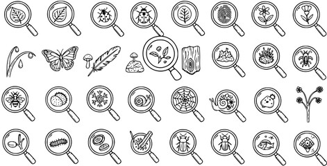 Black and White Line Art Icons of Nature and Science Magnified - Bugs, Leaves, Flowers, DNA © pixsource