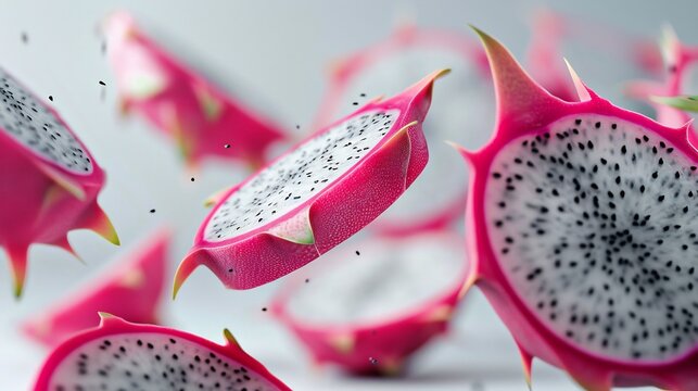 Pink Dragon Fruit Slices Flying in Air
