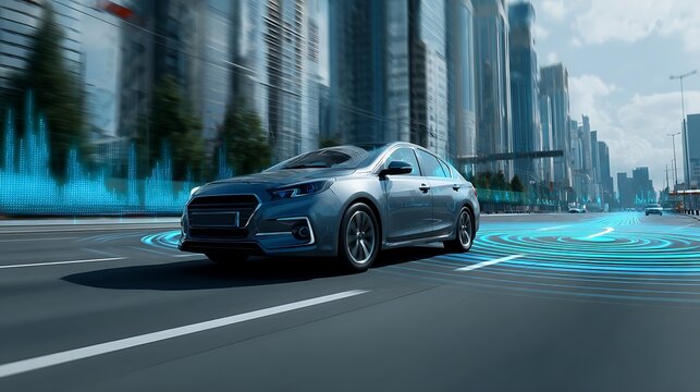 A silver car driving on a road with blue graphics and cityscape background.