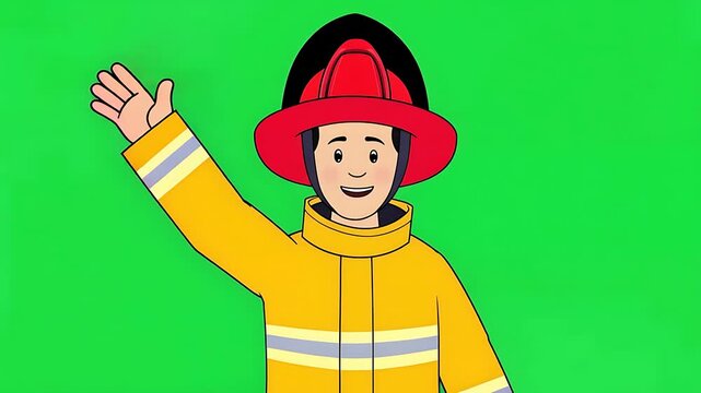 Smiling Cartoon Firefighter Waving Hand in Yellow Uniform and Red Helmet