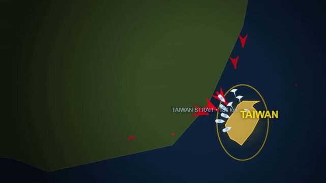 Static map graphic of Taiwan Strait showing Taiwan island and nearby China with invasion context, red markers, and geopolitical tension in a dark blue and green layout.