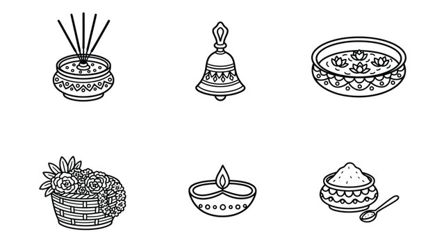 Traditional Hindu Puja and Festival Ritual Items Line Art Icons Set