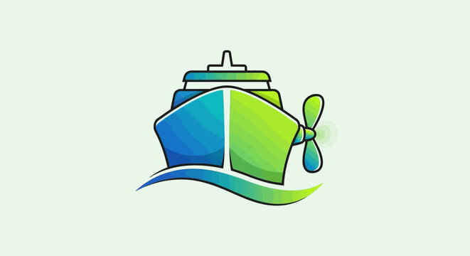 Colorful stylized ship illustration with propeller and waves, nautical design.