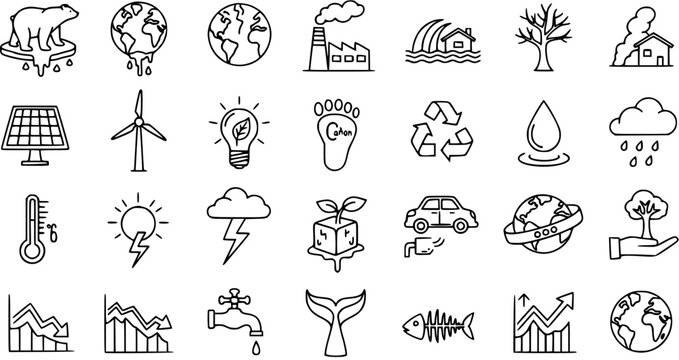 Environmental Protection Icons Set - Climate Change, Sustainability, Nature, Pollution, Renewable Energy - Line Art