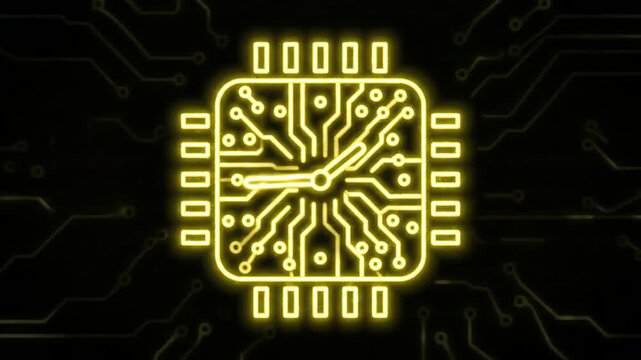 A futuristic circuit board animation video showcases a glowing yellow electronic component on a dark background with subtle circuit patterns.