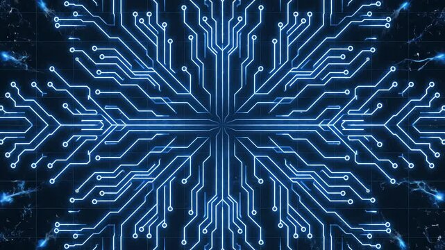 A futuristic animation video showcases a blue circuit board pattern resembling a snowflake in technology.