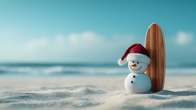A festive snowman in a Santa hat stands on a sandy beach next to a surfboard, with the ocean in the background.