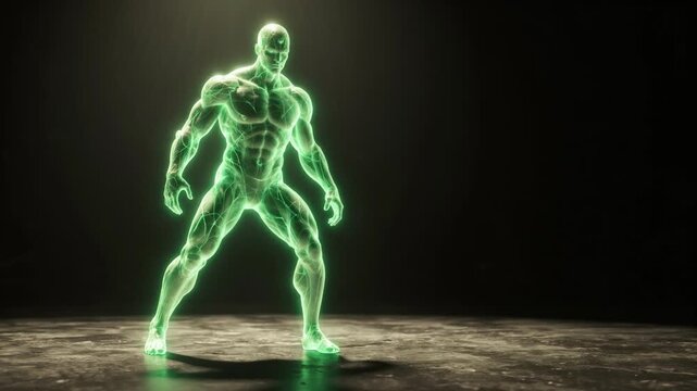 Glowing Green Humanoid Figure Standing in Dark Studio Environment Cinematic Digital Art Concept