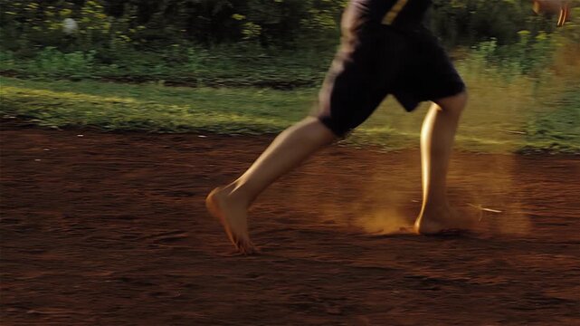 Cinematic Sunset Football Match on Rural Red Dirt Field with Dust Clouds - 4K