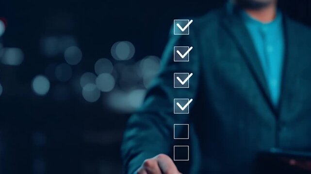 Businessman checking boxes on a virtual digital interface checklist
