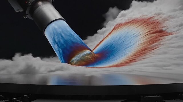 Rocket engine test firing with colorful flames and smoke 4k video