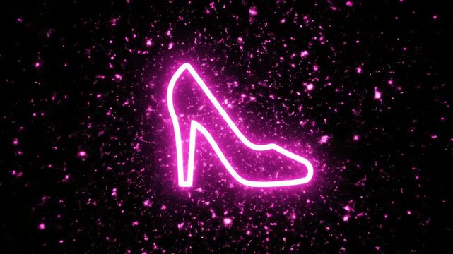 A vibrant pink neon high-heeled shoe shines brightly in a dark space filled with sparkling particles creating a captivating Video Animation scene.