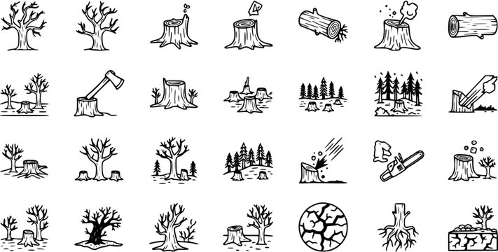 Black and White Line Art Icons of Trees and Tree Stumps for Deforestation and Forestry
