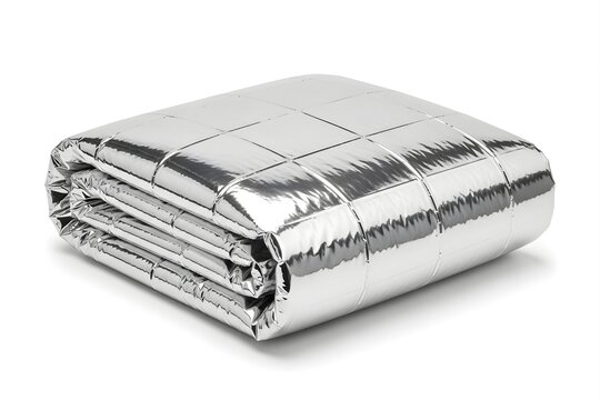 Folded shiny emergency blanket on white background
