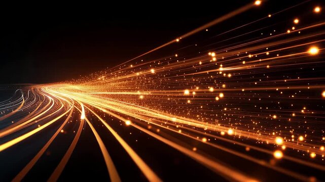 Glowing dynamic golden light trails and flying particles on a black background. Digital background design suitable for high-speed data transmission, fiber optic networks, communication technology, and
