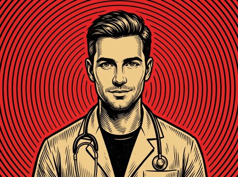 A bold, stylized portrait of a cool doctor in modern linocut woodcut pop art style with thick engraved lines on red concentric background pattern and texture