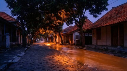 Fototapeta premium Authentic traditional house in Javanese village at sunset for heritage travel concept