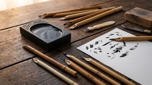 Traditional calligraphy tools with bamboo pens and ink for Islamic art concept