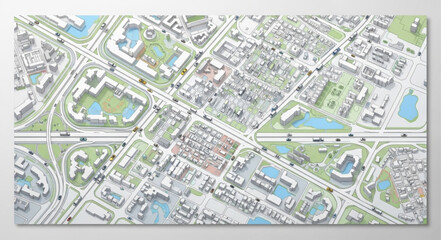 Obraz premium Detailed city map illustration with roads buildings and green spaces.