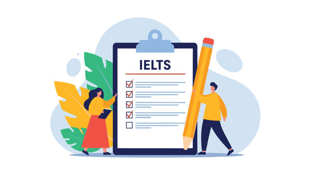 Team completing an IELTS exam checklist with a giant pencil to represent test preparation and success goals.
