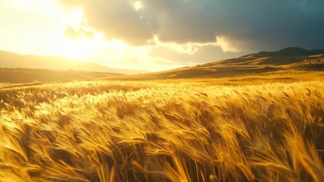 Golden Wheat Field Under Dramatic Sky at Sunset.