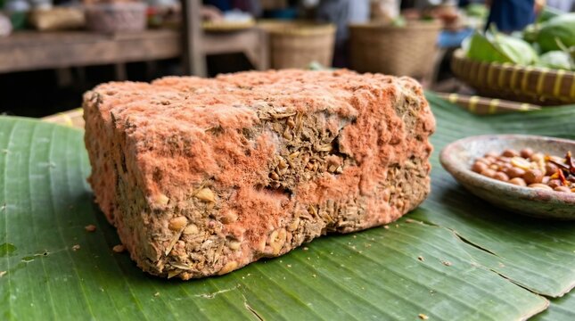 Traditional Indonesian fermented oncom on banana leaf in local market for culinary concept