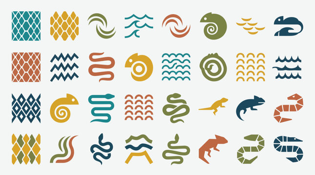 Collection of colorful abstract animal and wave patterns.