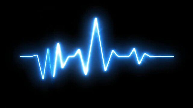 A glowing blue animation of a medical video waveform pulses strongly in the dark.