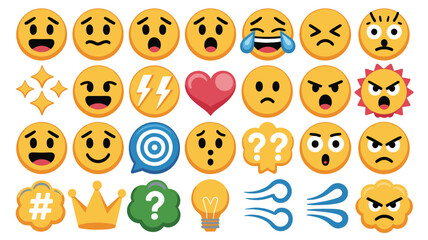 Fototapeta premium Adobe Illustrator Artwork Vibrant Yellow Social Media Emoticon Collection Featuring Diverse Expressions Heart Icons and Decorative Symbols