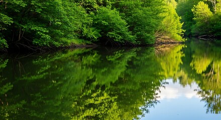 Fototapeta premium Serene Lake Reflection Surrounded by Lush Green Forest.