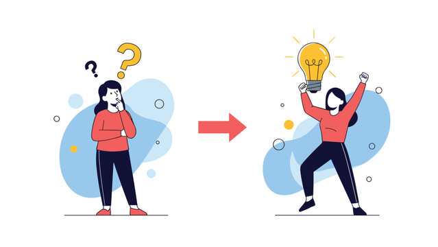 Concept of problem solving showing a woman thinking and then finding a brilliant idea represented by a giant lightbulb.